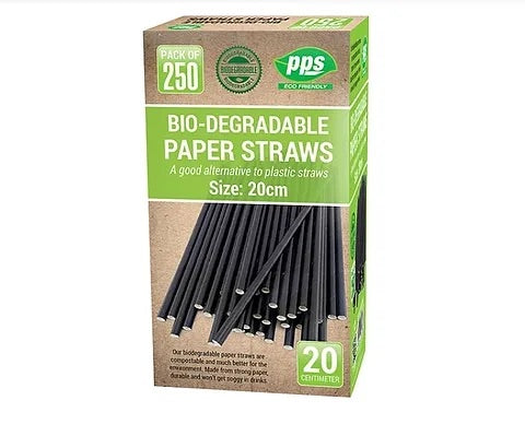 PPS BIO-DEGRADABLE PAPER STRAWS BLACK 250PK